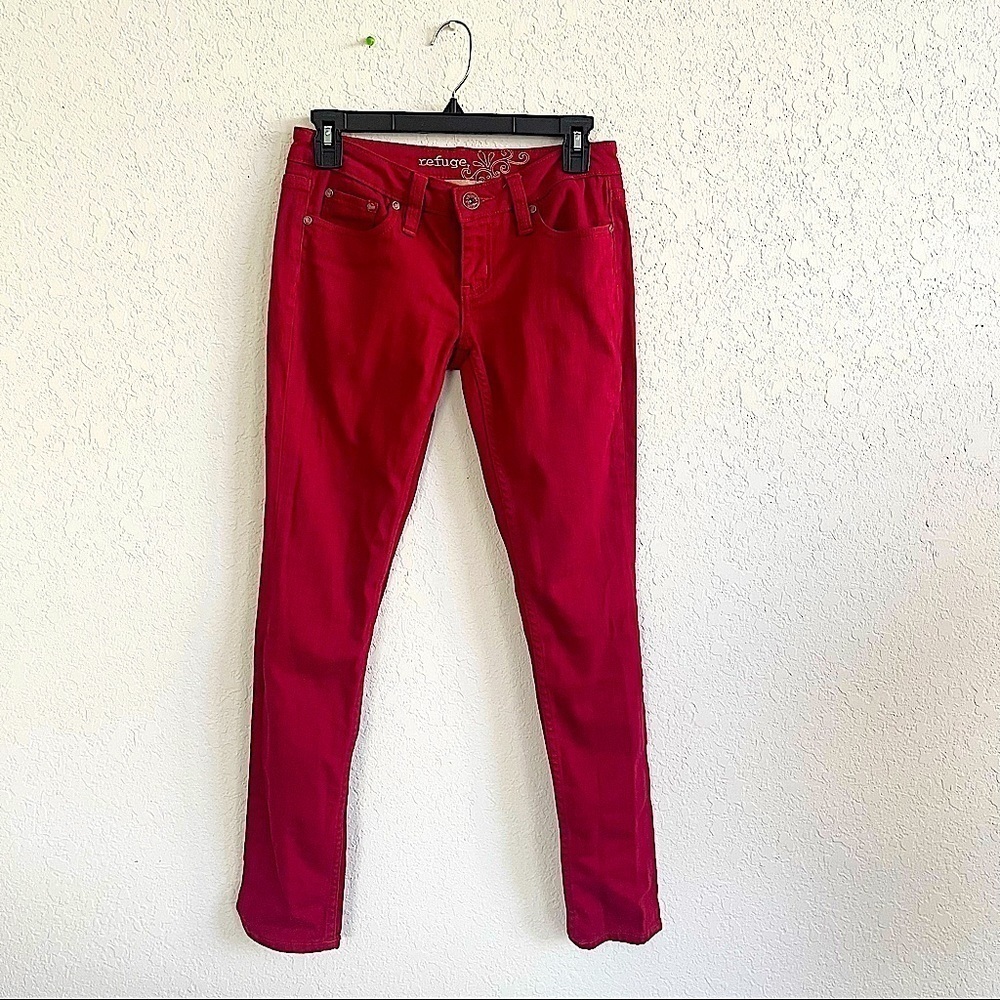 REFUGE Dark Red Juniors Low Rise Denim Skinny Jeans Size 3 Cotton Blend Casual